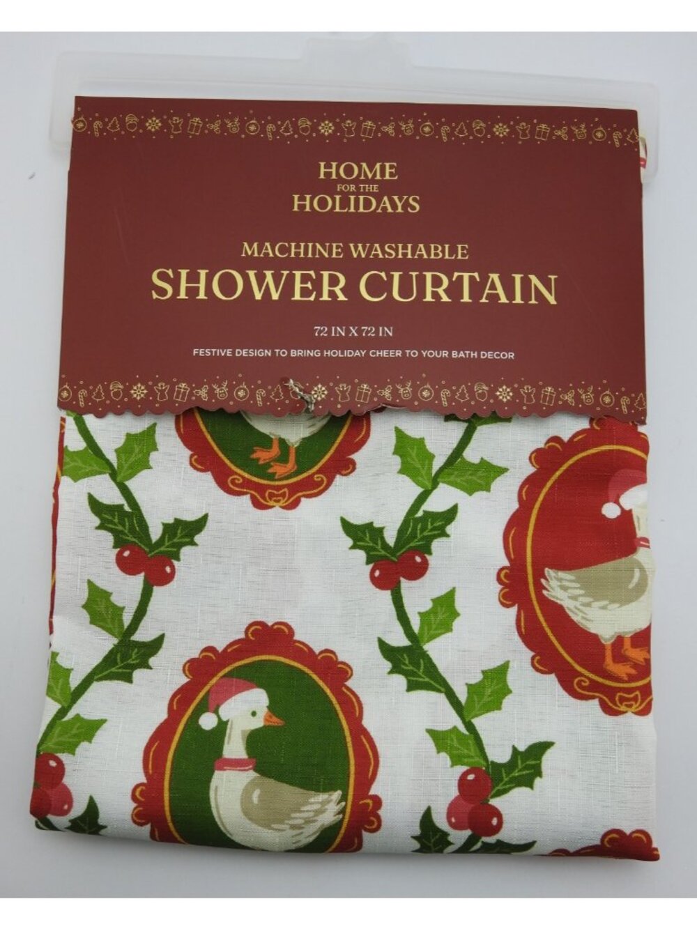 Home For The Holidays Christmas Goose Shower Curtain Holly Berries 72 x 72 NWT